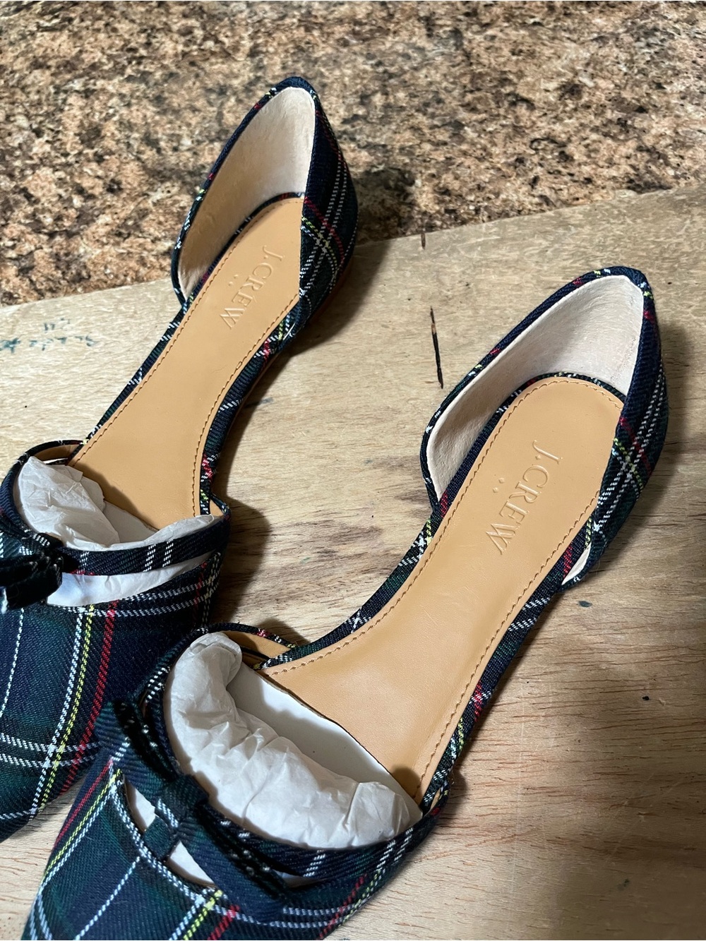 J. Crew Size 8 Navy Plaid Pointed D'Orsay Flats with Bow - Picture 3 of 6